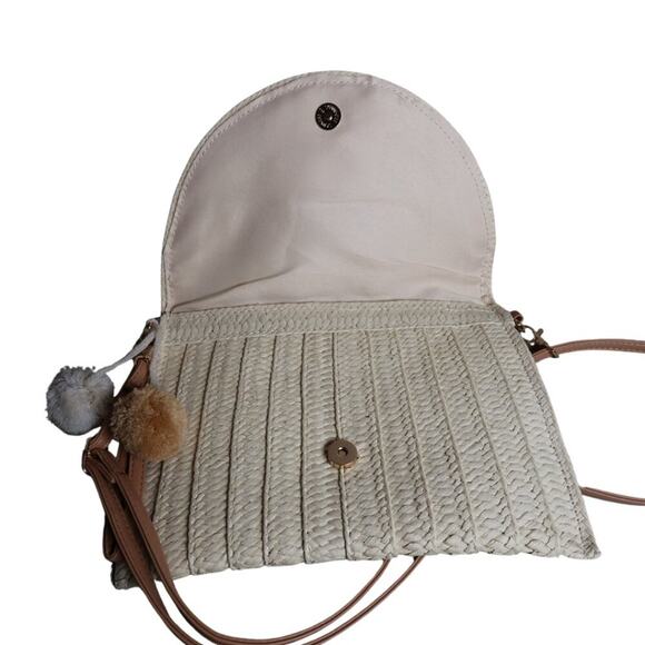 Cream Woven Straw Envelope Bag Crossbody or Clutch with Embroidery & Pom Pom - Picture 5 of 7